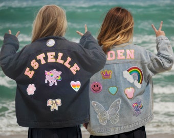 Veste en jean pour enfants avec patch lettre chenille, veste en jean personnalisée pour tout-petits filles en chenille avec nom avec patch, cadeau personnalisé de veste avec patch pour garçons