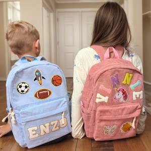 Cartable personnalisé avec patch alphabet chenille, sac à dos en velours côtelé personnalisé, cartable pour enfants en velours côtelé personnalisé