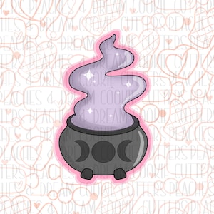 May include: A purple and black cauldron cookie cutter with a purple smoke design and three crescent moons on the front.