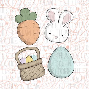 Könnte beinhalten: Ein Set mit fünf Oster-Ausstechformen. Die Ausstechformen sind in Form einer Karotte, eines Hasen, eines Korbs mit Eiern und zwei Eiern. Die Karotte ist orange und grün, der Hase ist weiß mit rosa Ohren, der Korb ist braun mit einem weißen Griff und die Eier sind blau und grün.