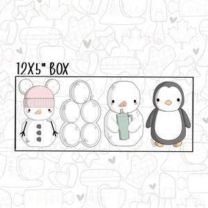 May include: A set of four cookie cutters in the shape of a snowman, a stack of snowballs, a snowman holding a cup, and a penguin. The cookie cutters are 12 inches by 5 inches and are labelled "12x5" BOX".