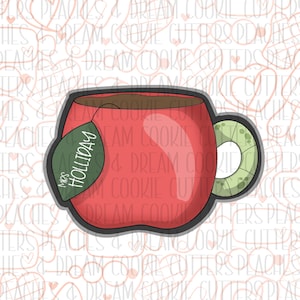 May include: Red and green cookie cutter shaped like a mug with a tea bag that says "Mrs. Holiday".