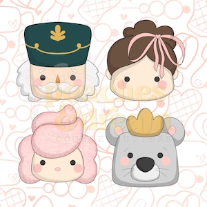 May include: Four cartoon cookie cutter designs. Includes a nutcracker with a green hat, a ballerina with a pink bow, a princess with pink hair, and a mouse with a gold crown. The background is a light pink with heart shapes.