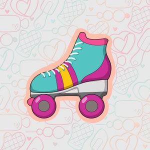 May include: A teal and pink roller skate with yellow stripes and white laces. The skate has pink wheels and is set against a background of hearts and other patterns.