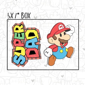 May include: A 5x7 inch box featuring a cartoon illustration of Super Mario in a red hat and blue overalls, running and smiling. The word "Super" is written in colorful graffiti style on a brick wall.