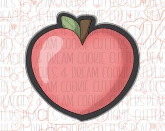 May include: A red heart-shaped cookie cutter in the shape of an apple with a brown stem and green leaves. The cutter is outlined in black.