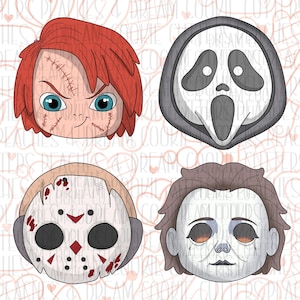 Könnte beinhalten: Vier farbenfrohe Comic-Charakterköpfe mit Halloween-Motiven. Die Charaktere sind Chucky, Ghostface, Jason Voorhees und Michael Myers.