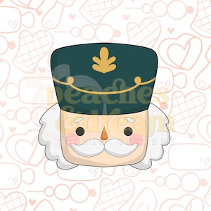 May include: A cartoon illustration of a nutcracker's face. The nutcracker has a dark green hat with a gold emblem, a white mustache, and a light skin tone. The background is a pattern of pink hearts and other shapes.
