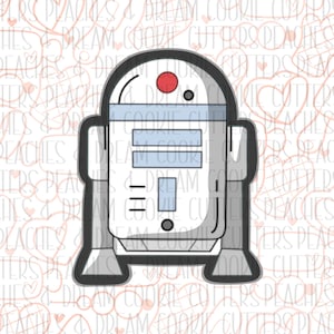 Peut inclure: Un emporte-pièce en forme de robot blanc et gris. Le robot a une tête ronde avec un cercle rouge sur le devant. Le robot a un corps rectangulaire avec trois fenêtres rectangulaires sur le devant. Le robot a deux jambes et deux bras.