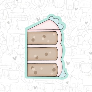 May include: A light blue and pink cake slice cookie cutter with a scalloped edge and brown frosting detail.