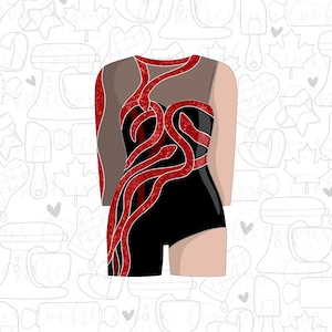 May include: A black leotard with long sleeves and a red glitter design. The leotard has a mesh neckline and a fitted silhouette.