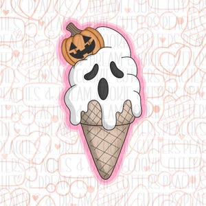 May include: A white ghost ice cream cone with a melting effect and a jack-o-lantern on top. The cone is pink and has a waffle pattern.