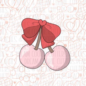 Puede incluir: Dos cerezas rosas con un lazo rojo en la parte superior. Las cerezas están sobre un fondo blanco con un patrón de corazones.