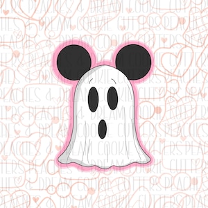 May include: A white ghost with pink ears and black eyes, wearing a pink outline. The ghost has a surprised expression with a wide open mouth. The background is a white pattern of hearts and other shapes.