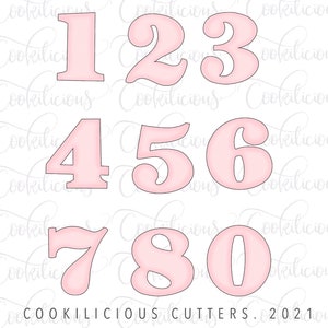 Puede incluir: Conjunto de diez cortadores de galletas de color rosa en forma de los números del 1 al 0. Los números están en una fuente estilizada con bordes redondeados. Los cortadores de galletas están sobre un fondo blanco.