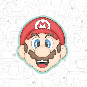 Puede incluir: Una ilustración de dibujos animados de la cara de Super Mario con un sombrero rojo y ojos azules. El fondo es un patrón blanco de herramientas de cocina y corazones.