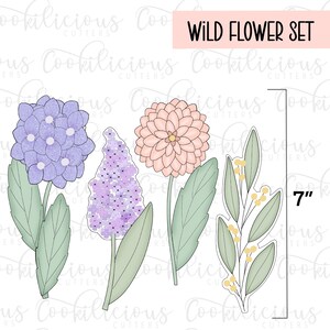 May include: A set of four cookie cutters shaped like wild flowers. The cutters are 7 inches tall and feature a purple hydrangea, a purple lilac, a pink dahlia, and a sprig of green leaves with yellow berries.