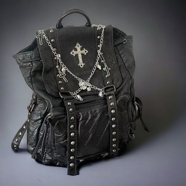 Sac à dos gothique en cuir véritable - Sac en cuir esthétique grunge, sac à bandoulière punk, esthétique, squelette, avec chaîne