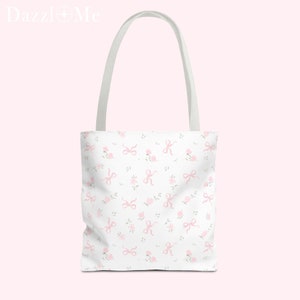 Süße Girly Einkaufstasche, Rosa Blumenmuster, Weiße Schultertasche, süße Blumen und Bögen Design Tasche, Kokett Ästhetischer Design