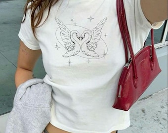 Gothic Swan baby-T-shirt, Y2K esthetisch katoenen T-shirt, Swans graphic top