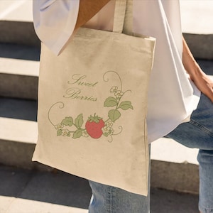Sweet Berries Cotton Canvas Tote Bag, Shoulder Bag, Cute Cottage Core Design Bag, Red Strawberry, Strawberries Design