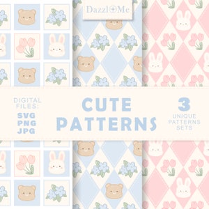 Süße Muster Digitaler Download - Kawaii Bär Set, süßes Häschen Muster, Digitale Papiere, Digitale Produkte, Design Illustration, PNG, SVG, JPG
