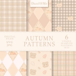 May include: A collection of six unique seamless autumn patterns in beige, tan, and brown. Designs include plaid, diamond patterns with pumpkins, and patterns with bears and leaves. The text reads "Autumn Patterns" and "6 Unique Seamless Patterns Sets."