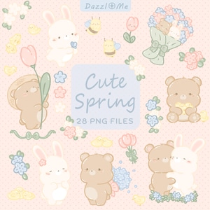 May include: A digital illustration with cute spring characters. The image includes bunnies, bears, bees, flowers, and the text "Cute Spring". The colour palette is soft pastel pink, blue, and yellow, with a polka dot background.