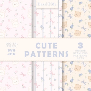 Süße Muster Digitaler Download - Kawaii Bär Set, Süßes Häschen Muster, Digitale Papiere, Digitale Produkte, Design Illustration, SVG, JPG, POD