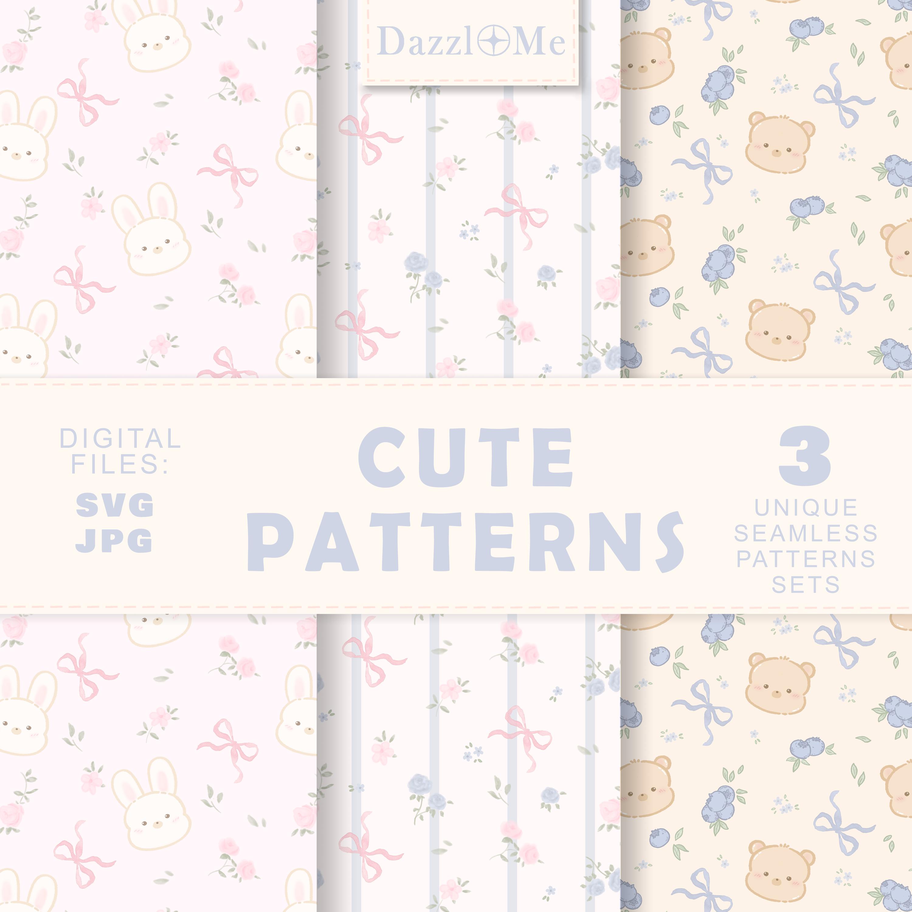 Coquette Bear Bunny Digital Paper, Kawaii Animal Seamless Pattern