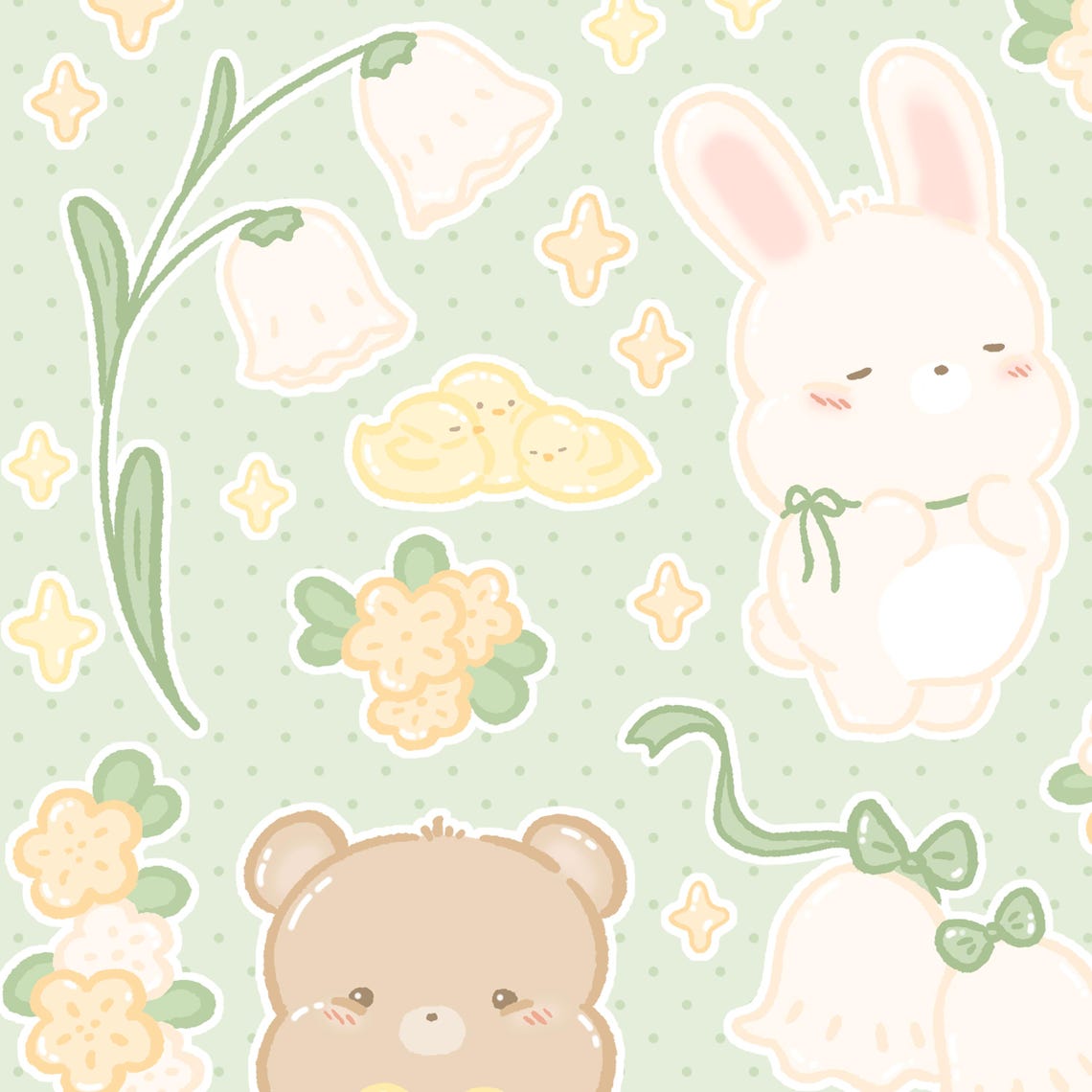 Kawaii Bunny Bear Printable Stickers, Cute Floral Animal Sticker Sheet ...