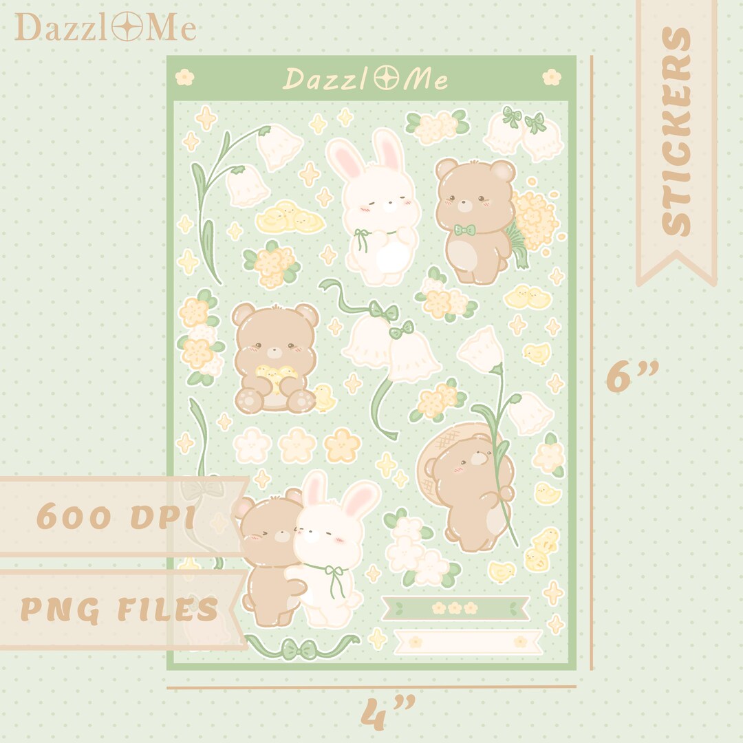Kawaii Bunny Bear Printable Stickers, Cute Floral Animal Sticker Sheet ...