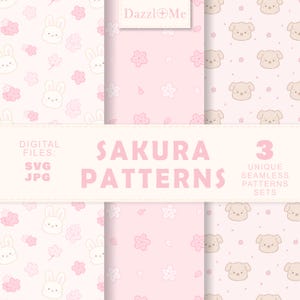 Niedliche Sakura Muster Digitaler Download - Kawaii Welpe, niedliches Häschenmuster, digitale Papiere, digitale Produkte, Design Illustration, SVG, JPG