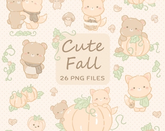 Kawaii Fall Animal Clipart, Cute Bear Fox PNG Set, Autumn Woodland Animals, Commercial Use