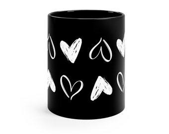 Black mug with white hearts, 11oz, Valentines Day gift ideas