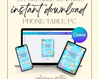Pool Party Birthday Invitation Bright Float Rainbow Party Invitation Download Printable Canva Template Girls Boys Invitation