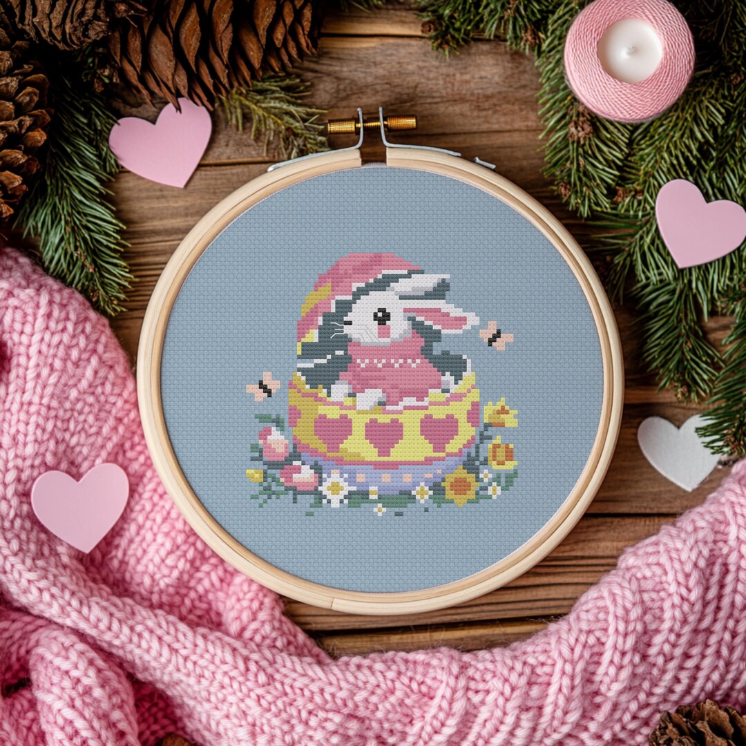 Easter Bunny Cross Stitch Pattern | Pastel Rabbit in Heart Egg (PDF ...