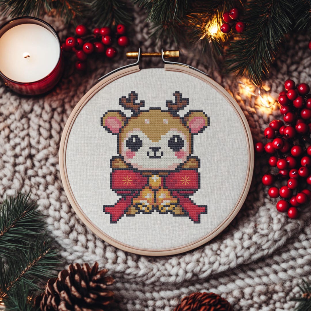 Reindeer Cross Stitch Pattern | Christmas Deer With Bow (PDF) - Etsy