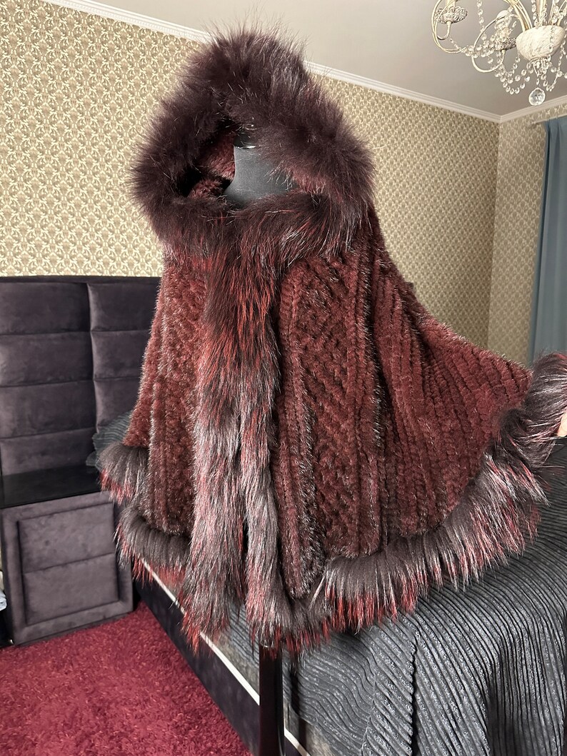 Real Mink Poncho Raccoon Trim Exquisite Cape Luxurious Fur Wrap Knitted ...