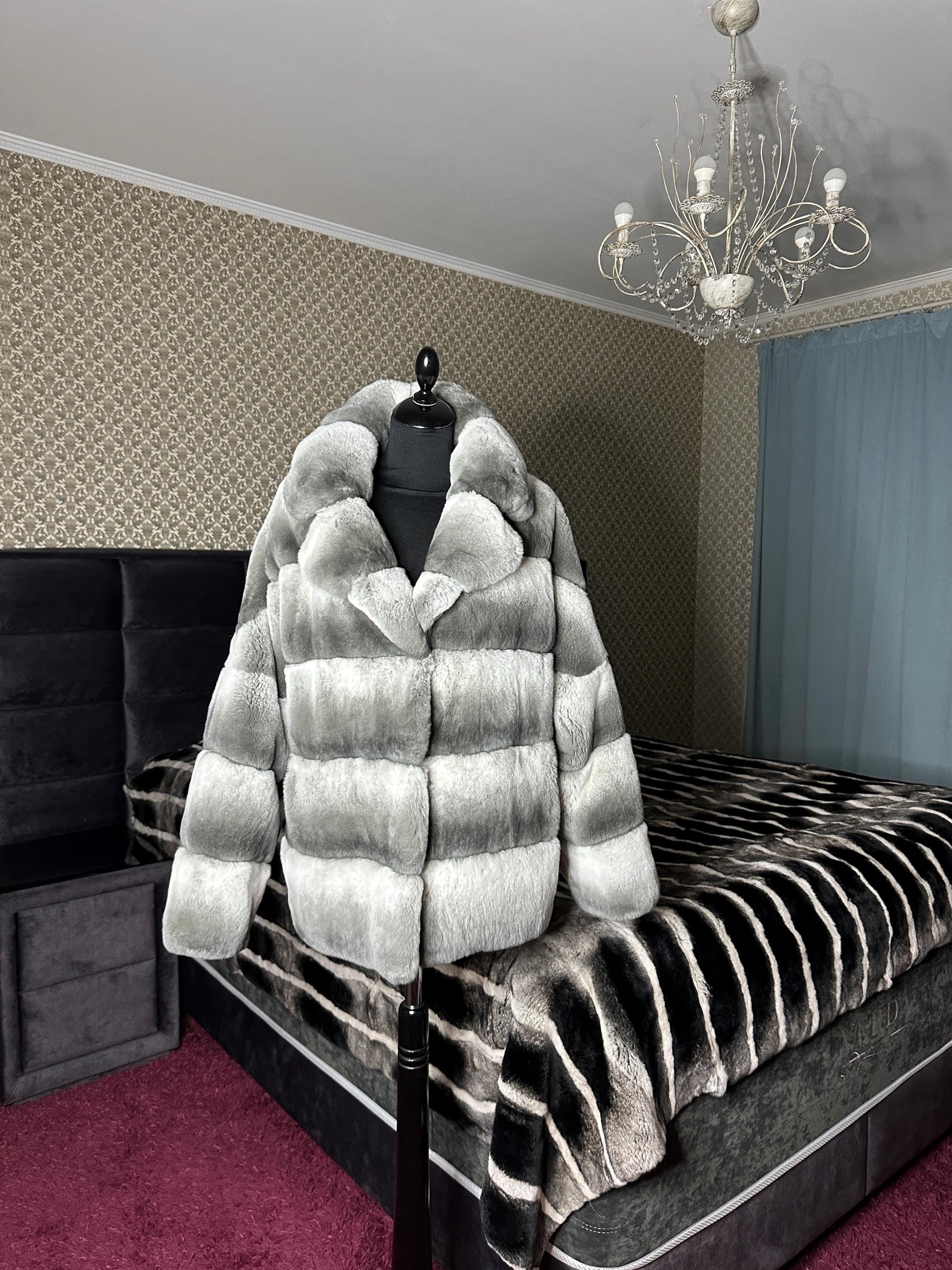 Rabbit Fur Jacket, Gray Fur Coat, Chinchilla Coat, Luxury