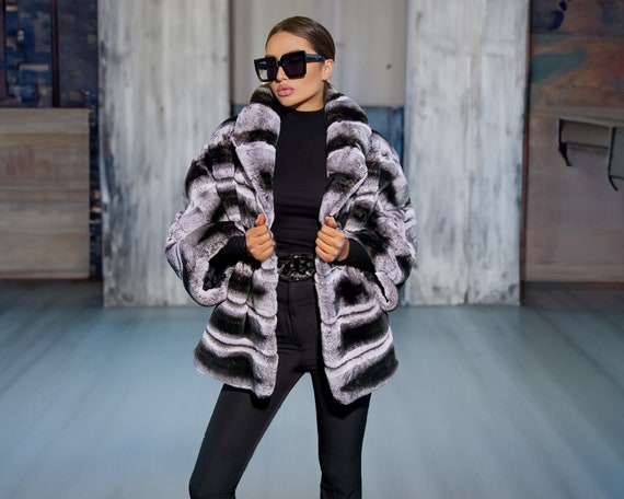 Luxury coat, Real fur coat, Rabbit Fur jacket, Chinchilla color, Fashion fur, Grey fur jacket, Elegance coat, Rabbit fur coat