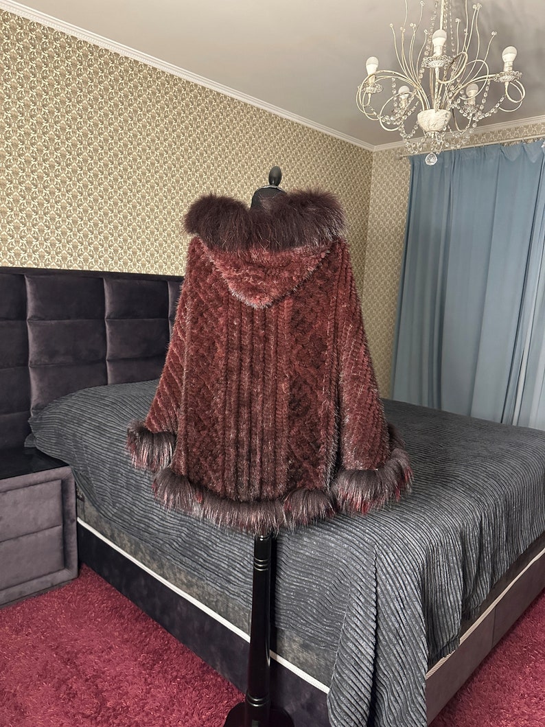 Real Mink Poncho Raccoon Trim Exquisite Cape Luxurious Fur Wrap Knitted ...