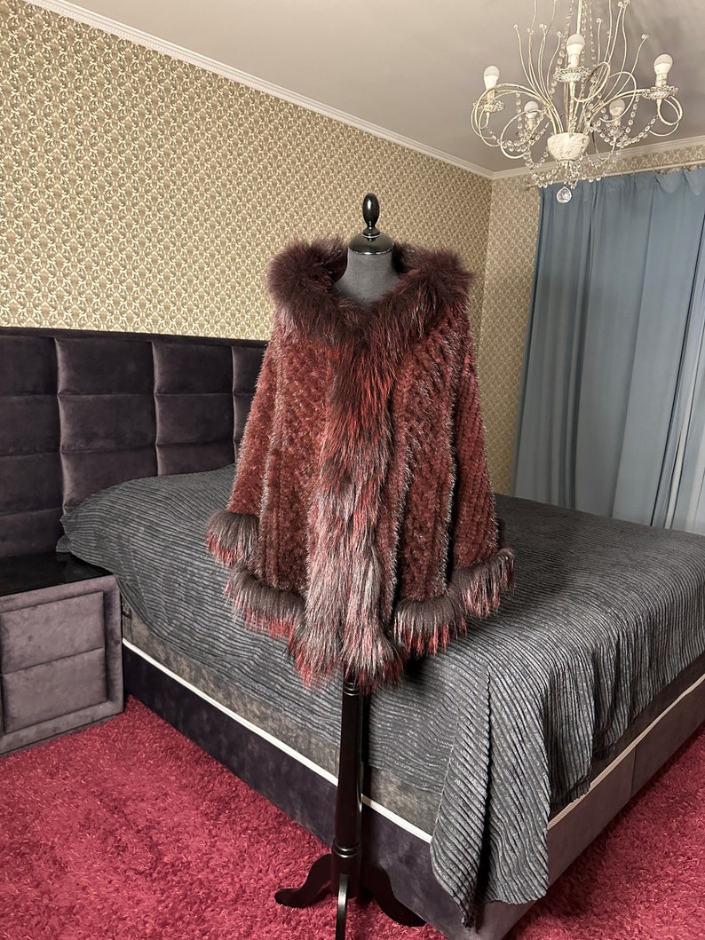 Real Mink Poncho Raccoon Trim Exquisite Cape Luxurious Fur Wrap Knitted ...