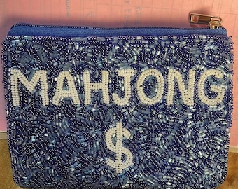 Hand-Beaded Mahjong Coin Purse | Game Night Accessory, Blue Dollar Sign Bag