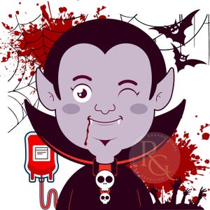 Puede incluir: Un vampiro de dibujos animados con una sonrisa traviesa, que lleva una capa negra y un collar con colgantes de calavera. El vampiro tiene una pequeña bolsa de sangre unida a su cuello y una sola gota de sangre gotea de su boca. El fondo presenta una telaraña roja y negra con salpicaduras de sangre.