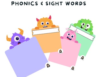 May include: Colorful educational graphic with the text "PHONICS & SIGHT WORDS." Four square notepads in pastel colors are held by cartoon monster characters. Each notepad has a blank white banner. The image has a white background.