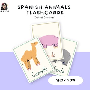 Spanish Animal Flashcards| Bilingual Homeschooling Resources |Educational Flashcards for Kids |Learn Animals in Spanish |Spanish Vocabulary.