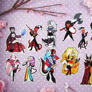 May include: A collection of colorful character stickers featuring various designs. The stickers depict figures with horns, tails, and unique outfits, set against a purple background with heart patterns. Decorative flowers and branches are also present.