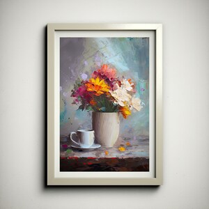 Cartel de café y florero, café con estampado de ramo de flores, flores coloridas y arte de pared impresionista de café