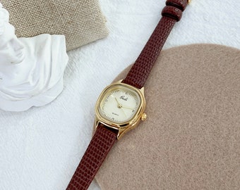 Elegante reloj de pulsera, pequeño reloj dorado, pequeño reloj retro con correa de cuero para mujer, elegante reloj de mujer de estilo vintage